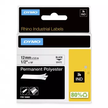 DYMO Rhino Industrial nuolatinės poliesterio etiketės | 12 mm x 5,5 m | Juodas spausdinimas ant balto | Lipnios | skirta Rhino ir LabelManager etikečių spausdintuvams