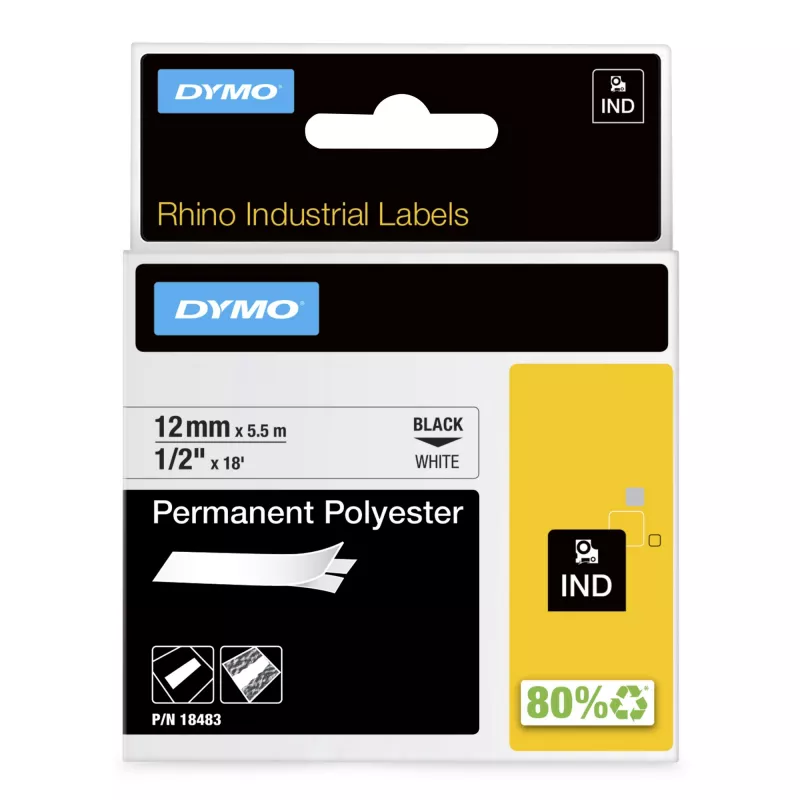 DYMO Rhino Industrial nuolatinės poliesterio etiketės | 12 mm x 5,5 m | Juodas spausdinimas ant balto | Lipnios | skirta Rhino ir LabelManager etikečių spausdintuvams