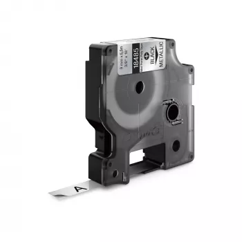 DYMO Rhino pramoninės nuolatinės poliesterio etiketės | 9 mm x 5,5 m | juodas spausdinimas ant metalinio | lipnios | skirtos Rhino ir LabelManager etikečių spausdintuvams