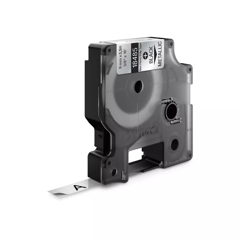DYMO Rhino pramoninės nuolatinės poliesterio etiketės | 9 mm x 5,5 m | juodas spausdinimas ant metalinio | lipnios | skirtos Rhino ir LabelManager etikečių spausdintuvams