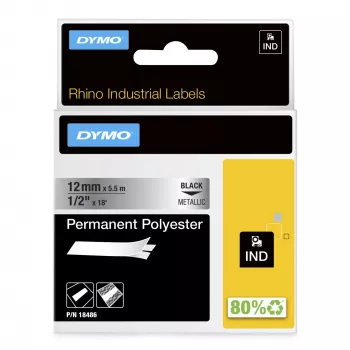DYMO Rhino Industrial nuolatinės poliesterio etiketės | 12mm x 5,5m | juodas spausdinimas ant metalinio | skirta Rhino ir LabelManager etikečių spausdintuvams
