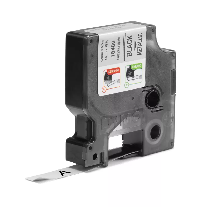DYMO Rhino Industrial nuolatinės poliesterio etiketės | 12mm x 5,5m | juodas spausdinimas ant metalinio | skirta Rhino ir LabelManager etikečių spausdintuvams