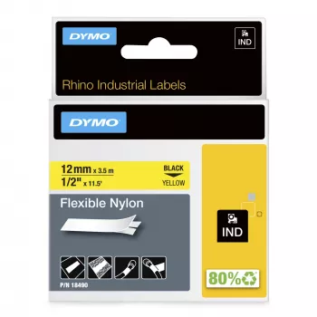 DYMO Rhino lankstūs nailono lipdukai pramoniniam žymėjimui | 12 mm x 3,5 m | juodas šriftas ant geltono | lipnūs | tinka Rhino ir LabelManager žymekliams