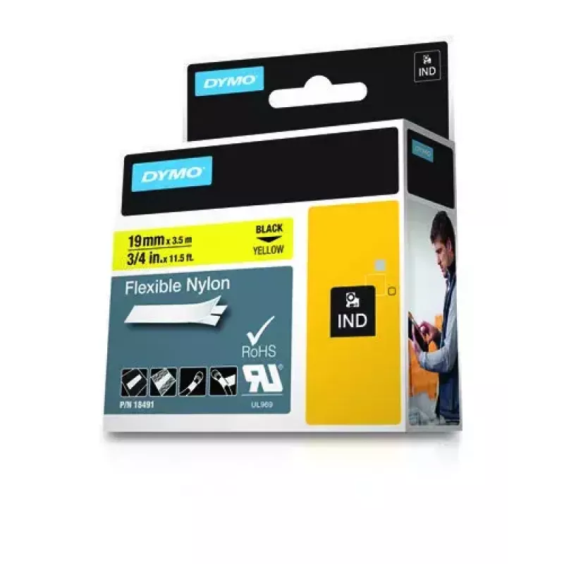 DYMO Rhino pramoninė lanksti nailono juosta | 19 mm x 3,5 m | Juodas spausdinimas ant geltonos | Lipni | skirta Rhino ir LabelManager etikečių spausdintuvams