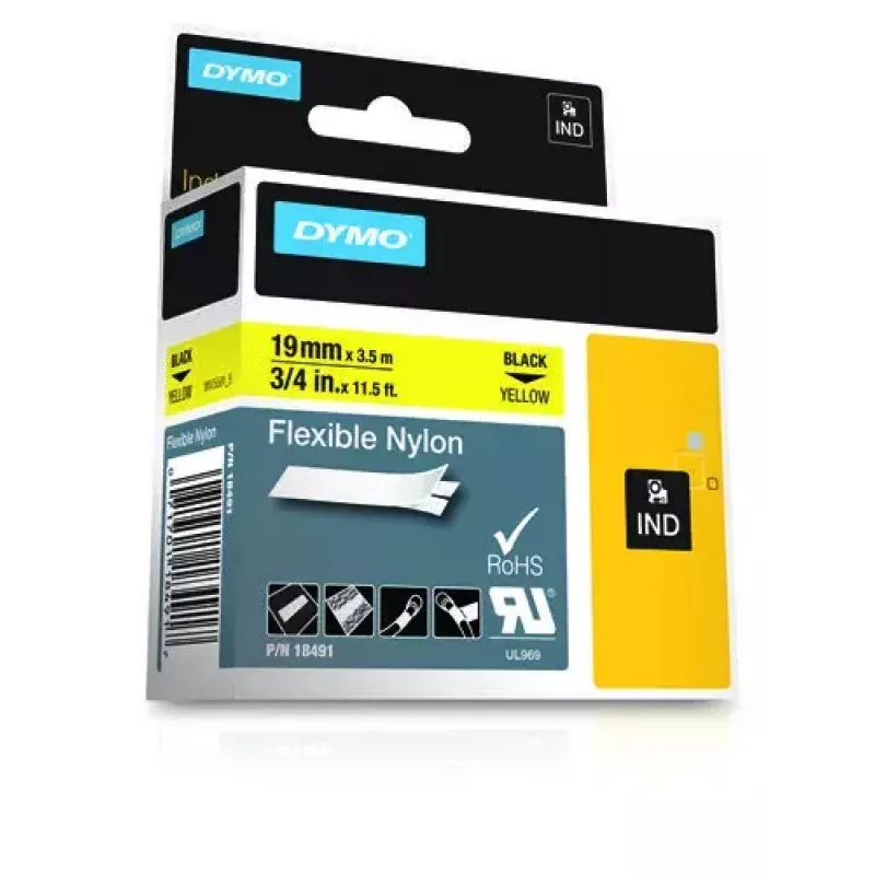 DYMO Rhino pramoninė lanksti nailono juosta | 19 mm x 3,5 m | Juodas spausdinimas ant geltonos | Lipni | skirta Rhino ir LabelManager etikečių spausdintuvams