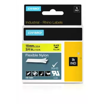DYMO Rhino pramoninė lanksti nailono juosta | 19 mm x 3,5 m | Juodas spausdinimas ant geltonos | Lipni | skirta Rhino ir LabelManager etikečių spausdintuvams