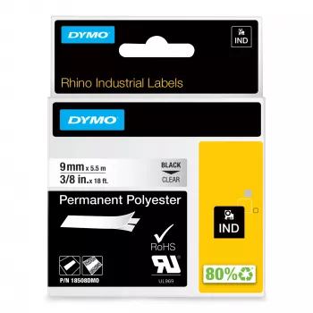 DYMO Rhino pramoninės nuolatinės poliesterio etiketės | 9 mm x 5,5 m | Juodas spausdinimas ant skaidraus | Lipnios | Skirtos LabelManager ir Rhino etikečių spausdintuvams