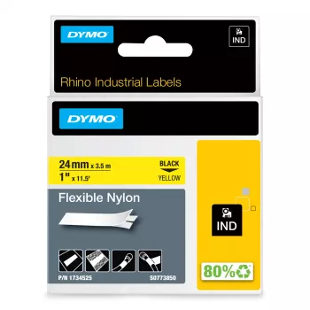 DYMO Rhino lanksti nailoninė juosta pramoniniams žymėjimams | 24 mm x 3,5 m | juodas spaudinys ant geltonos | lipni | skirta Rhino ir LabelManager etikečių spausdintuvams