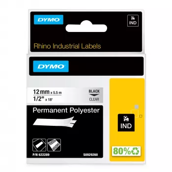 DYMO Rhino Industrial nuolatinės poliesterio etiketės | 12 mm x 5,5 m | juodas spaudinys ant skaidraus | lipnios | skirtos LabelManager ir Rhino etikečių spausdintuvams