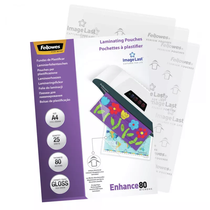 Fellowes ImageLast A4 80 Micron laminavimo maišeliai - 25 vnt., blizgūs, skaidrūs, A4, 0,08 mm