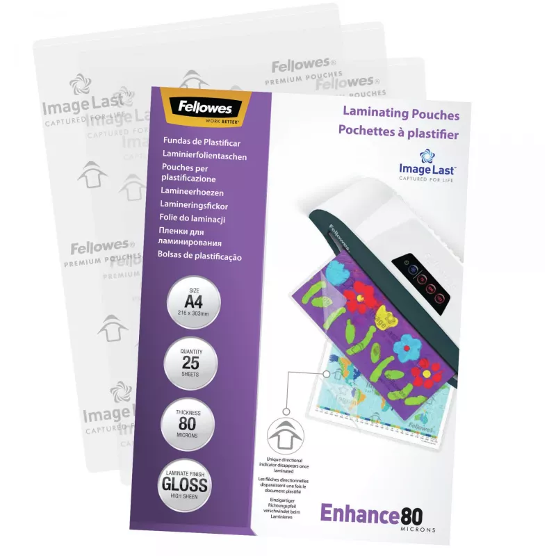 Fellowes ImageLast A4 80 Micron laminavimo maišeliai - 25 vnt., blizgūs, skaidrūs, A4, 0,08 mm