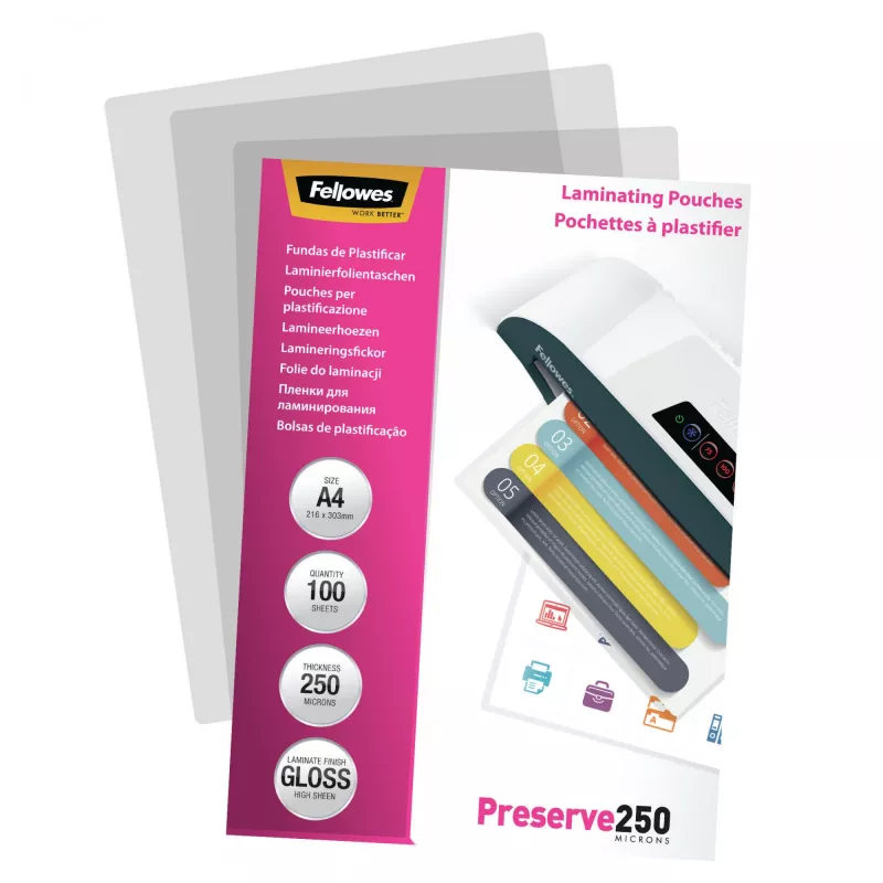 Fellowes A4 laminavimo maišeliai blizgūs 250 mikronų – 100 vnt.