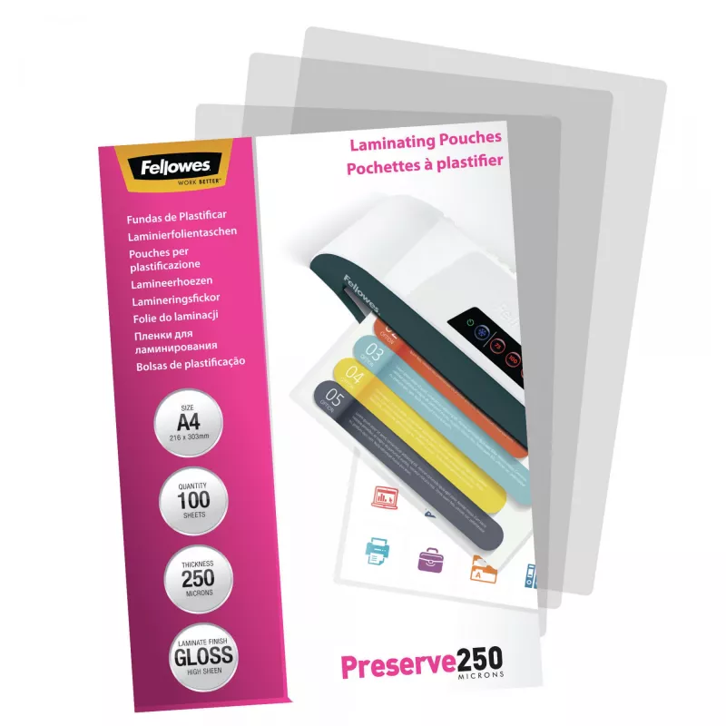 Fellowes A4 laminavimo maišeliai blizgūs 250 mikronų – 100 vnt.