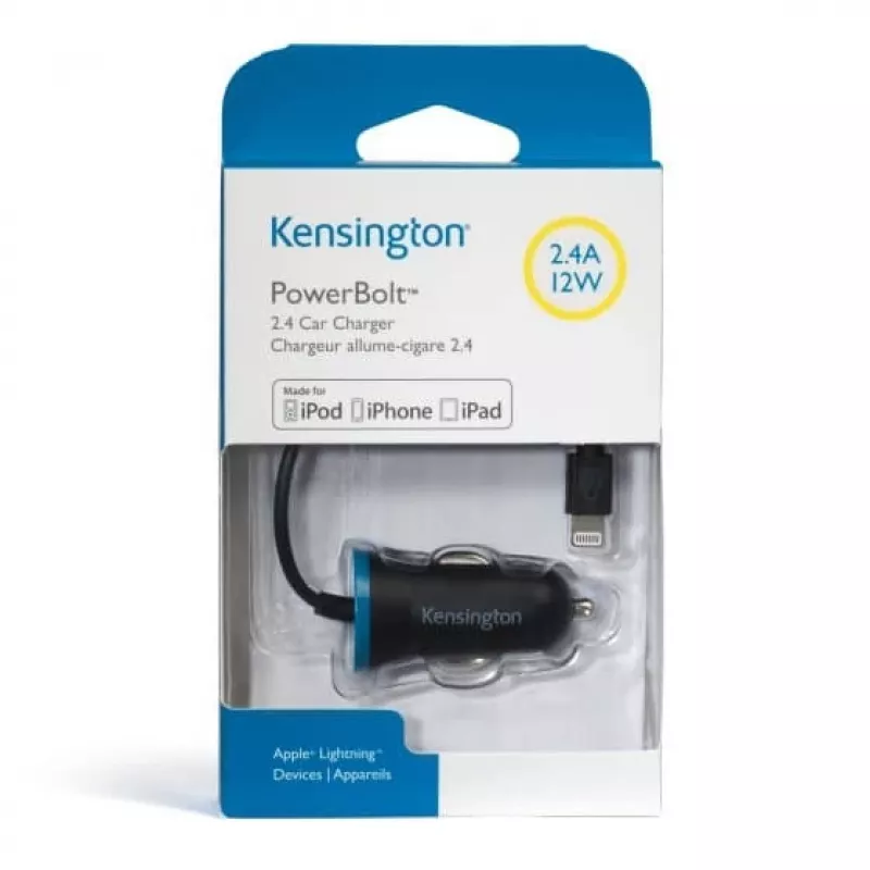 Kensington PowerBolt™ 2.4 Automobilinis įkroviklis – juodas, 1 m laidas, Lightning