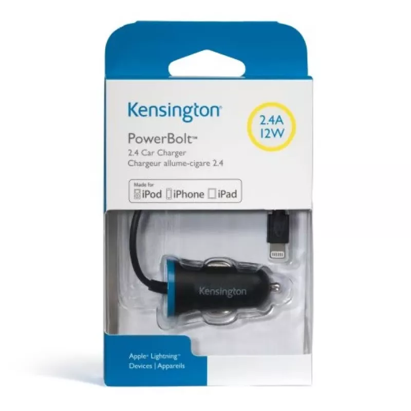 Kensington PowerBolt™ 2.4 Automobilinis įkroviklis – juodas, 1 m laidas, Lightning