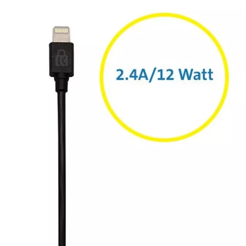 Kensington PowerBolt™ 2.4 Automobilinis įkroviklis – juodas, 1 m laidas, Lightning