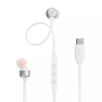 Ausinės JBL Tune 310C laidinės į ausis skambučiams/muzikai USB-C balta
