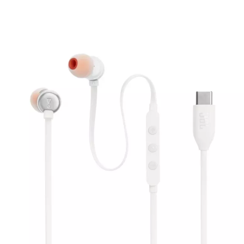 Ausinės JBL Tune 310C laidinės į ausis skambučiams/muzikai USB-C balta