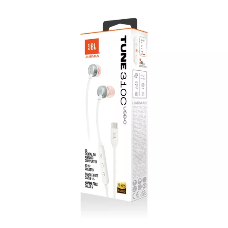 Ausinės JBL Tune 310C laidinės į ausis skambučiams/muzikai USB-C balta