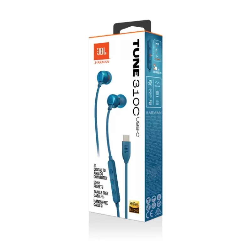JBL Tune 310C USB laidinės ausinės su mikrofonu, USB Type-C, mėlynos