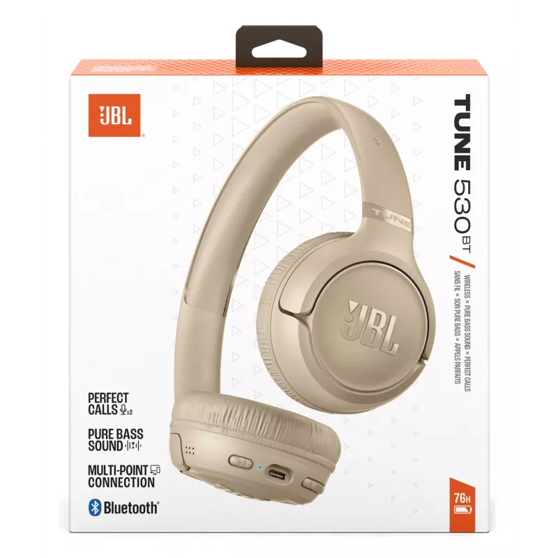 JBL Tune 530BT belaidės ausinės su ausų lanku, Bluetooth 6.0, mikrofonu, smėlio spalvos