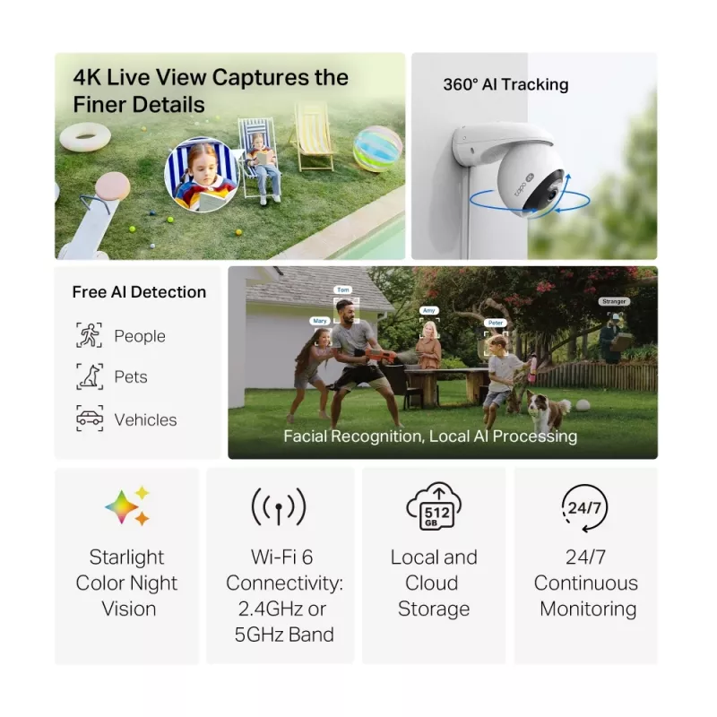 TP-Link Tapo TC46 IP stebėjimo kamera 4K, sferinė, vidaus ir lauko, lubų/sienos/stulpo montavimui