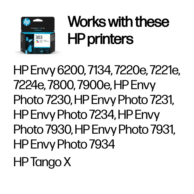 Original HP 303 trijų spalvų kasetė (ciano, purpurinė, geltona), standartinė talpa, 165 puslapių