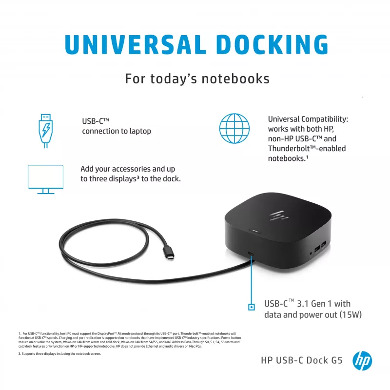 HP USB-C Dock G5, laidinis, USB 3.2 Gen 1 (3.1 Gen 1) Type-C, juodas