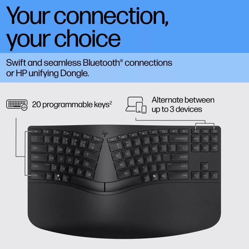 HP 965 ergonomiška belaidė klaviatūra, pilno dydžio (100 %), RF belaidė + Bluetooth, membraninė, juoda