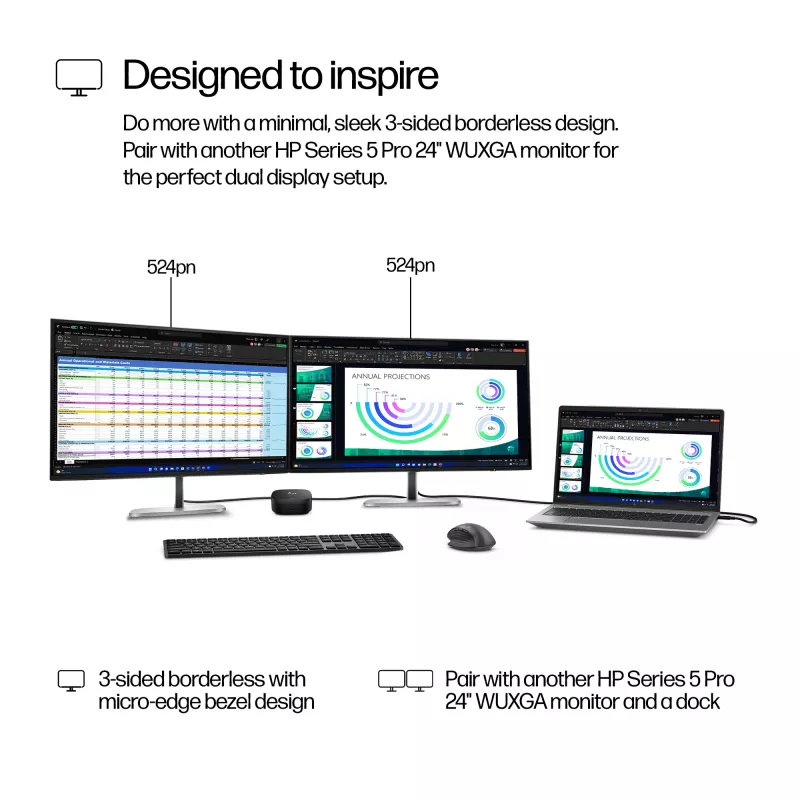 HP Series 5 Pro 24 colių WUXGA monitorius - 524pn, 61 cm (24 colių), 1920 x 1200 pikselių, WUXGA, LCD, 5 ms, Juodas