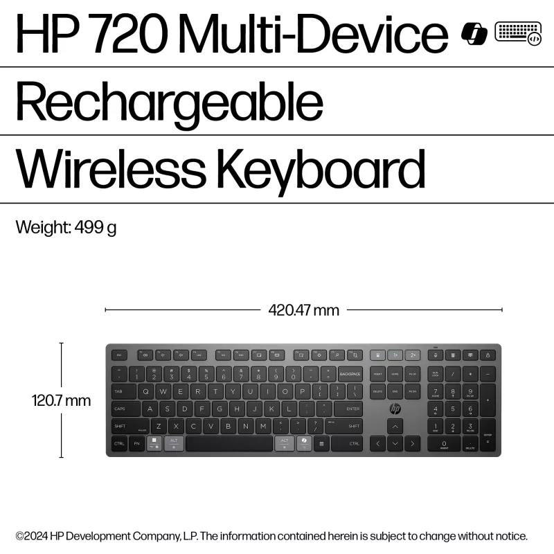 HP 720 belaidė klaviatūra, daugiaįrenginė, įkraunama, pilno dydžio (100%), USB + Bluetooth, mechaninė, QWERTY, juoda