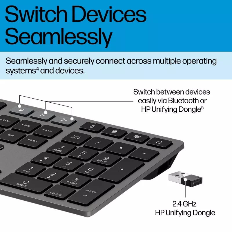 HP 720 belaidė klaviatūra, daugiaįrenginė, įkraunama, pilno dydžio (100%), USB + Bluetooth, mechaninė, QWERTY, juoda