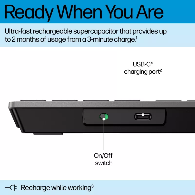 HP 720 belaidė klaviatūra, daugiaįrenginė, įkraunama, pilno dydžio (100%), USB + Bluetooth, mechaninė, QWERTY, juoda