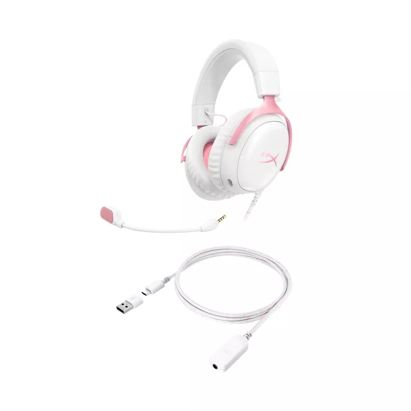 HyperX Cloud III – Žaidimų ausinės (balta/rožinė)