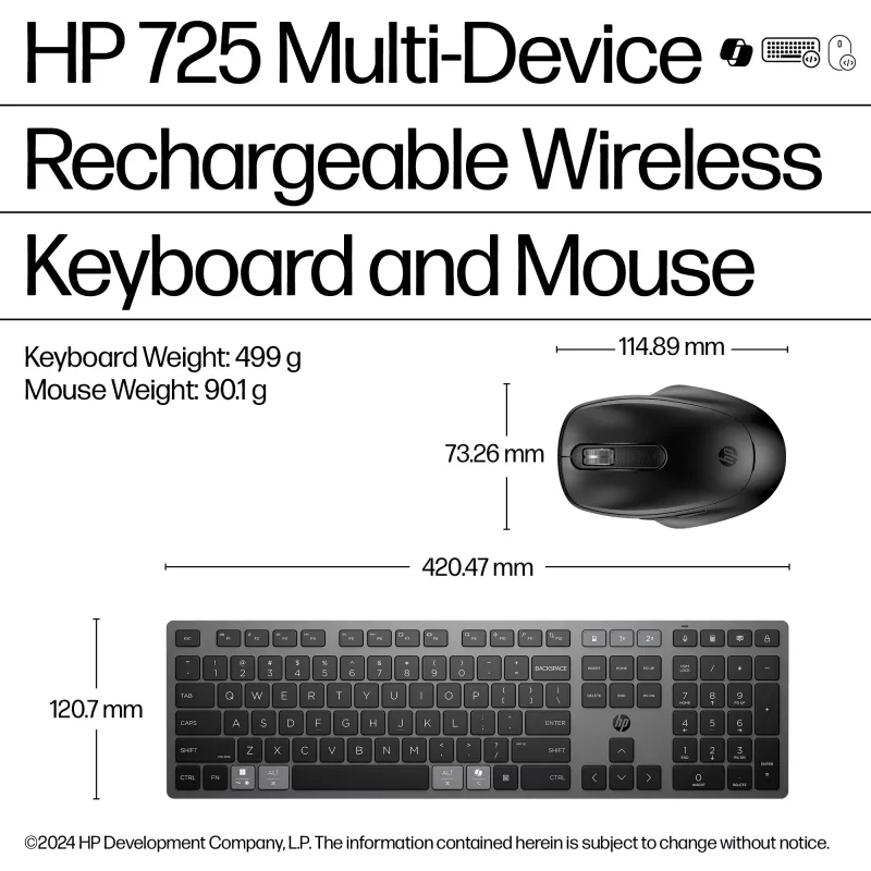 HP 725 belaidė klaviatūra ir pelė, įkraunamas rinkinys, pilno dydžio, Bluetooth