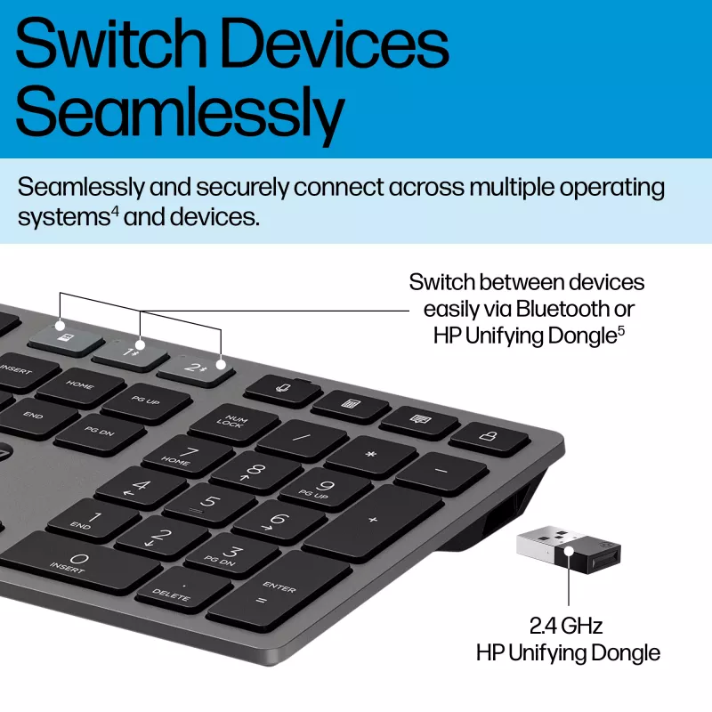 HP 725 belaidė klaviatūra ir pelė, įkraunamas rinkinys, pilno dydžio, Bluetooth