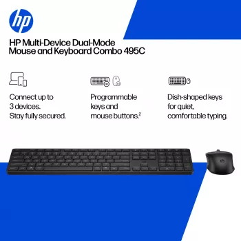 Klaviatūros ir pelės rinkinys HP 495C – belaidė pilno dydžio klaviatūra, kelių įrenginių pelė, USB/RF/Bluetooth, juoda