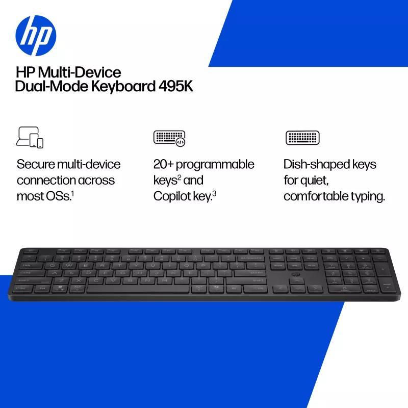HP 495K belaidė klaviatūra, daugiaprietaisė, dviejų režimų, pilno dydžio (100%), USB + Bluetooth, juoda