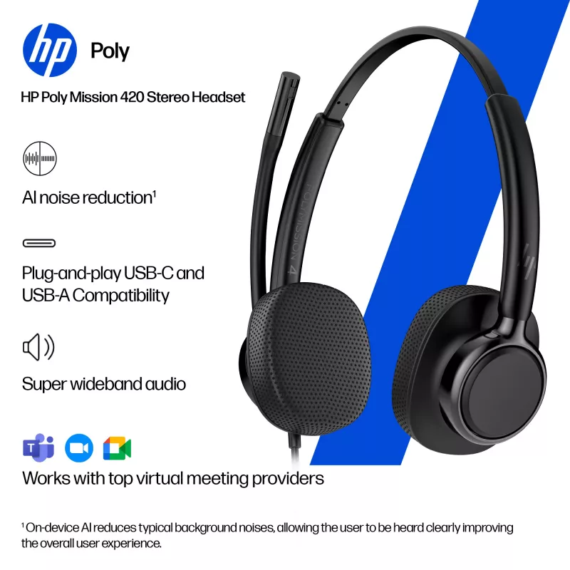 Pridėtinis stereo ausinių rinkinys HP POLY Mission 425 Classic, USB jungtis, 126 g