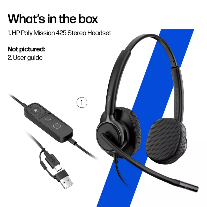 Pridėtinis stereo ausinių rinkinys HP POLY Mission 425 Classic, USB jungtis, 126 g