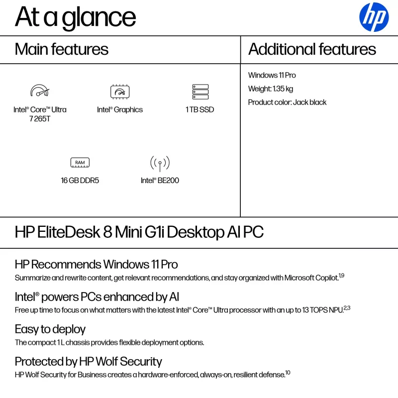 Mini kompiuteris HP EliteDesk 8 Mini G1i AI – Intel Core Ultra 7 265T, 16 GB DDR5, 1 TB SSD, Windows 11 Pro, juodas