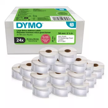 Dymo 2223589 etikečių ritinėliai – balti popieriniai lipdukai 5,4 × 2,5 cm, 500 vnt./ritinys, 12 000 vnt./pak., FSC
