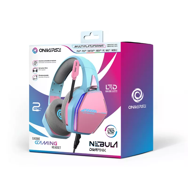 Oniverse Gaming Headset Nebula - Diva Pink (Multiplatform) – laidinis žaidimų ausinių rinkinys, 20-20000 Hz, 356 g, cianinė, rožinė