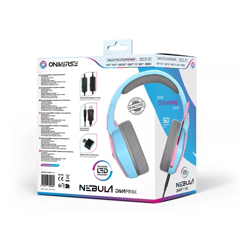 Oniverse Gaming Headset Nebula - Diva Pink (Multiplatform) – laidinis žaidimų ausinių rinkinys, 20-20000 Hz, 356 g, cianinė, rožinė