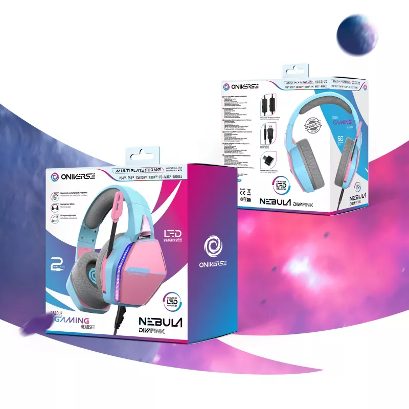 Oniverse Gaming Headset Nebula - Diva Pink (Multiplatform) – laidinis žaidimų ausinių rinkinys, 20-20000 Hz, 356 g, cianinė, rožinė