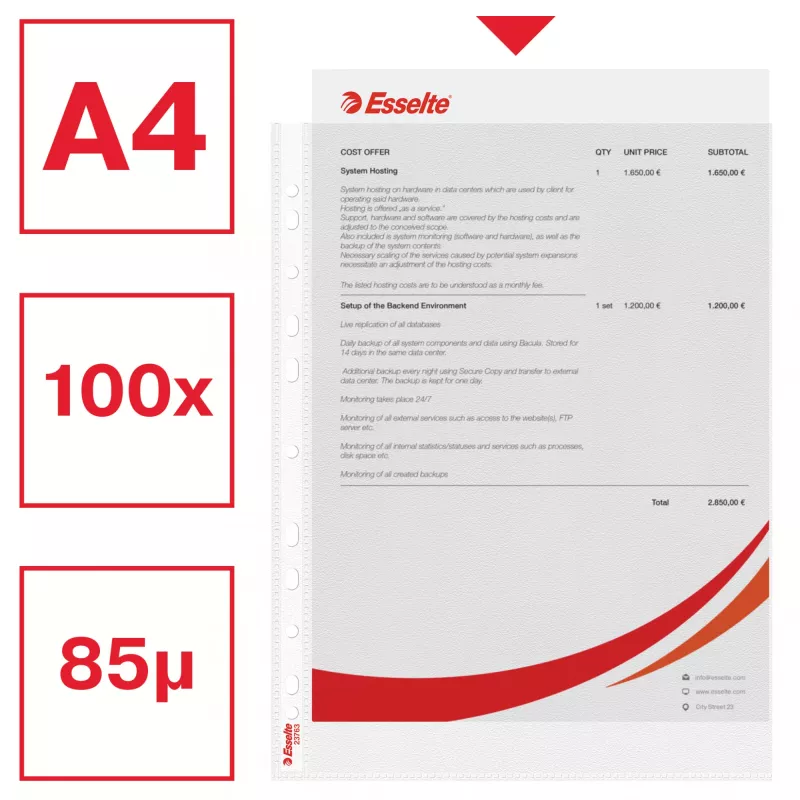 Esselte Plastlomme A4 75my skaidrūs 100 vnt