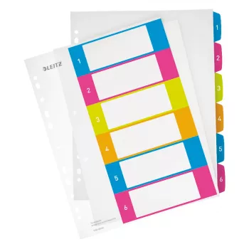 Leitz Indices Printable PP A4+ 1-6 WOW – skaitmeniniai skirtukai iš polipropileno, įvairiaspalviai, portretiniai, A4 Maxi, 0,3 mm