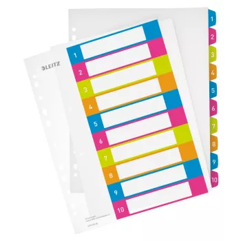 Leitz Indices Spausdinami PP A4+ 1-10 WOW, skaitmeniniai skirtukai, polipropilenas, įvairiaspalviai, kraštovaizdžio orientacija, A4 Maxi, 245 mm