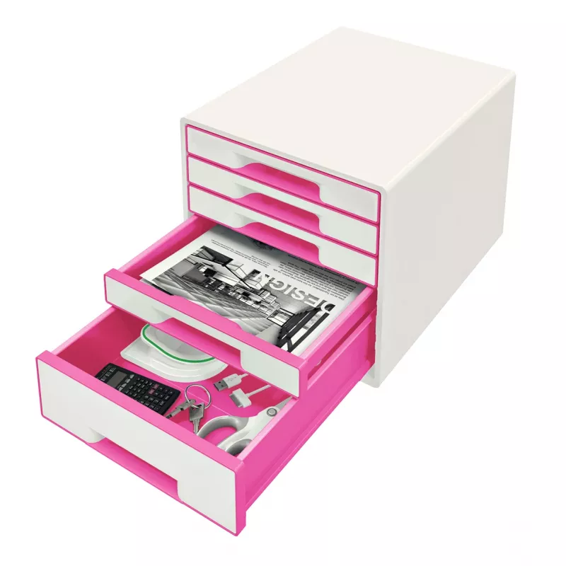 Leitz WOW Cube spintelė su 5 stalčiais, plastikas, rožinė/balta, 270x287 mm