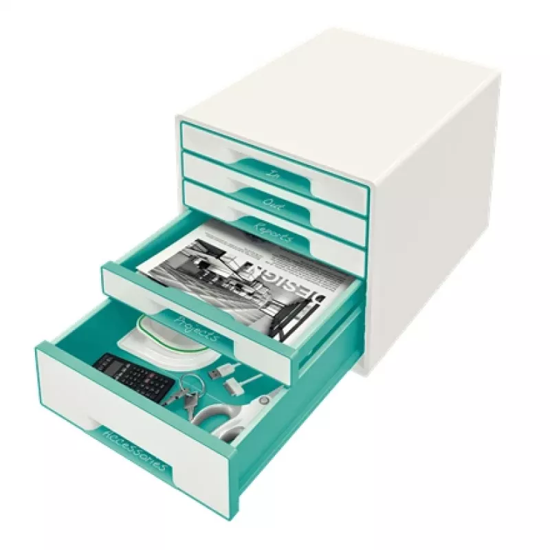 Leitz WOW Cube spintelė su 5 stalčiais, turkio spalvos, balta, plastmasė, 287x270 mm